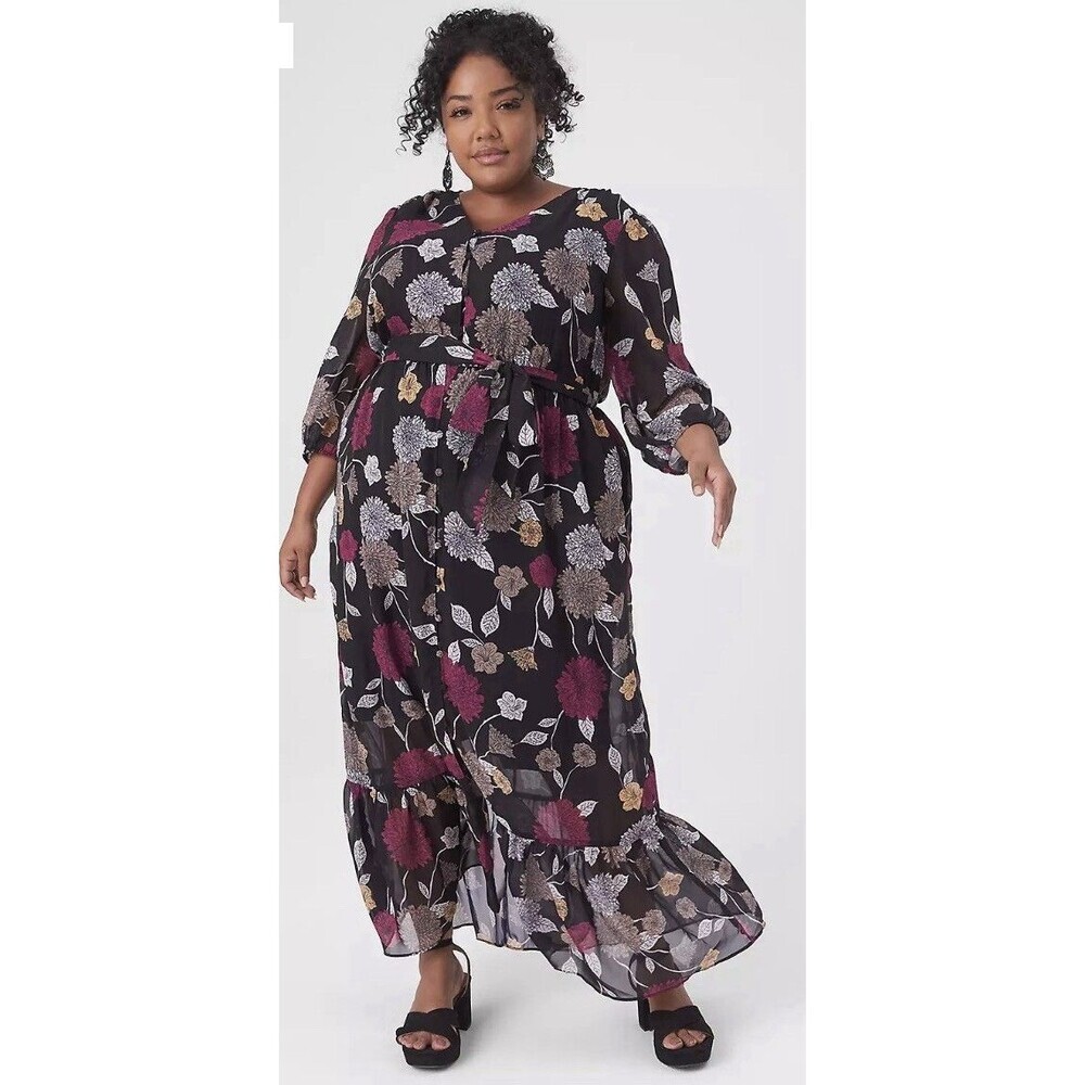 LANE BRYANT Romantic Floral Chiffon Button Front Maxi Dress 20 Lined 3/4 Sleeve